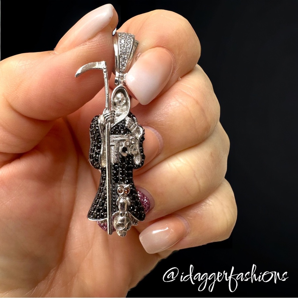 1.86” Black Cubic Zirconia Men’s Grim Reaper Skull Charm Pendant 925 Silver